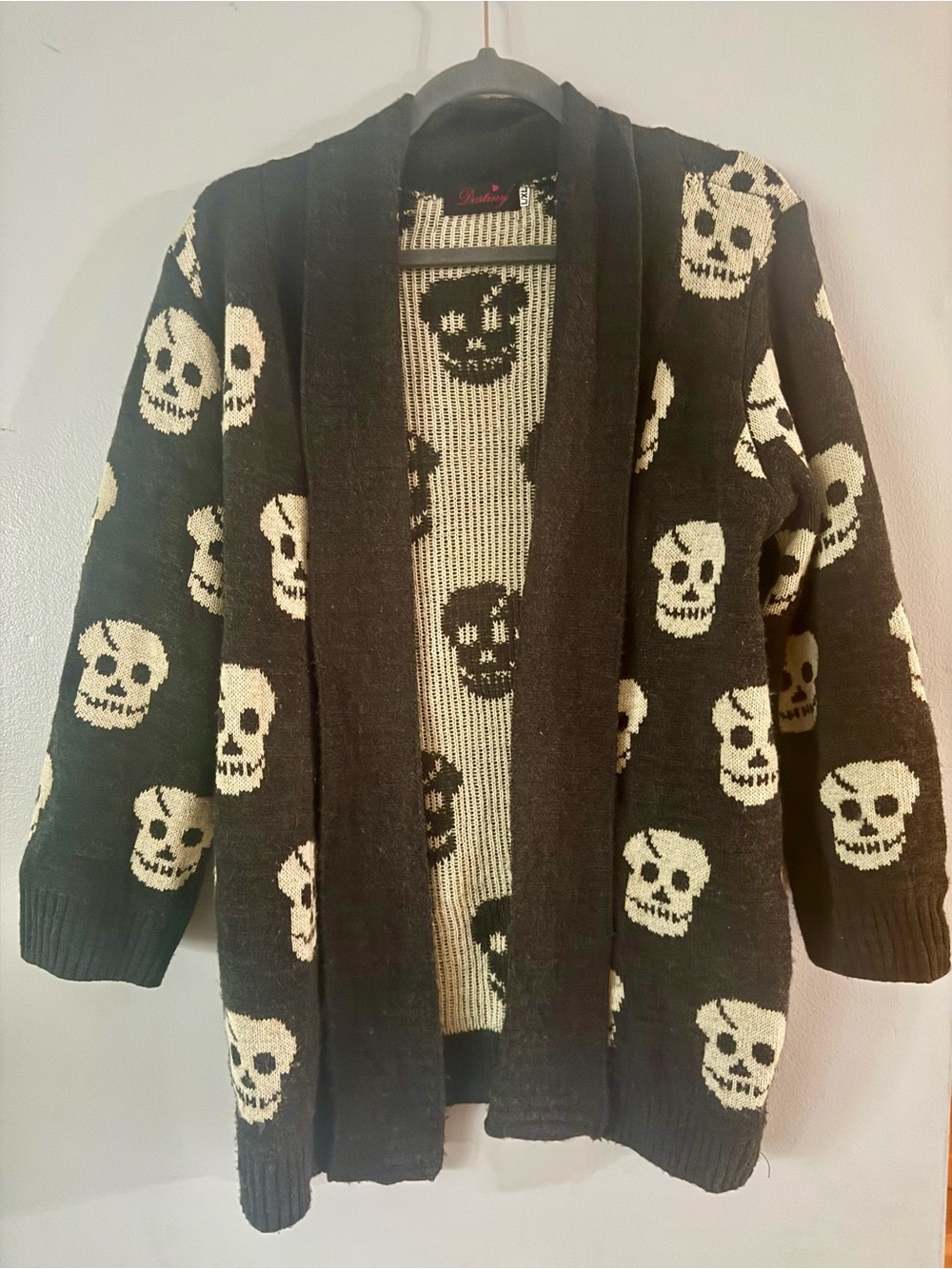 Destiny Skull Cardigan Black Cream Open Front Knit Gothic L/XL